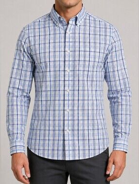 Duluth Trading Co. Men's Blue Plaid Wrinklefighter Relaxed Fit Long Sleeve Shirt